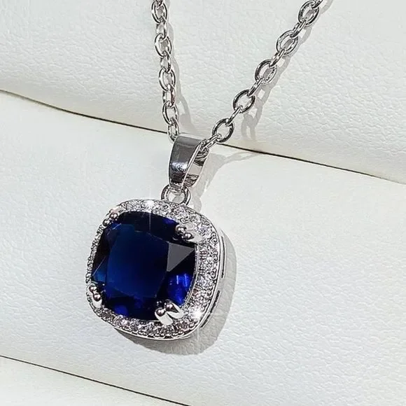 💙 Cushion Cut Blue Sapphire Cz Diamond Halo Necklace - Picture 1 of 14